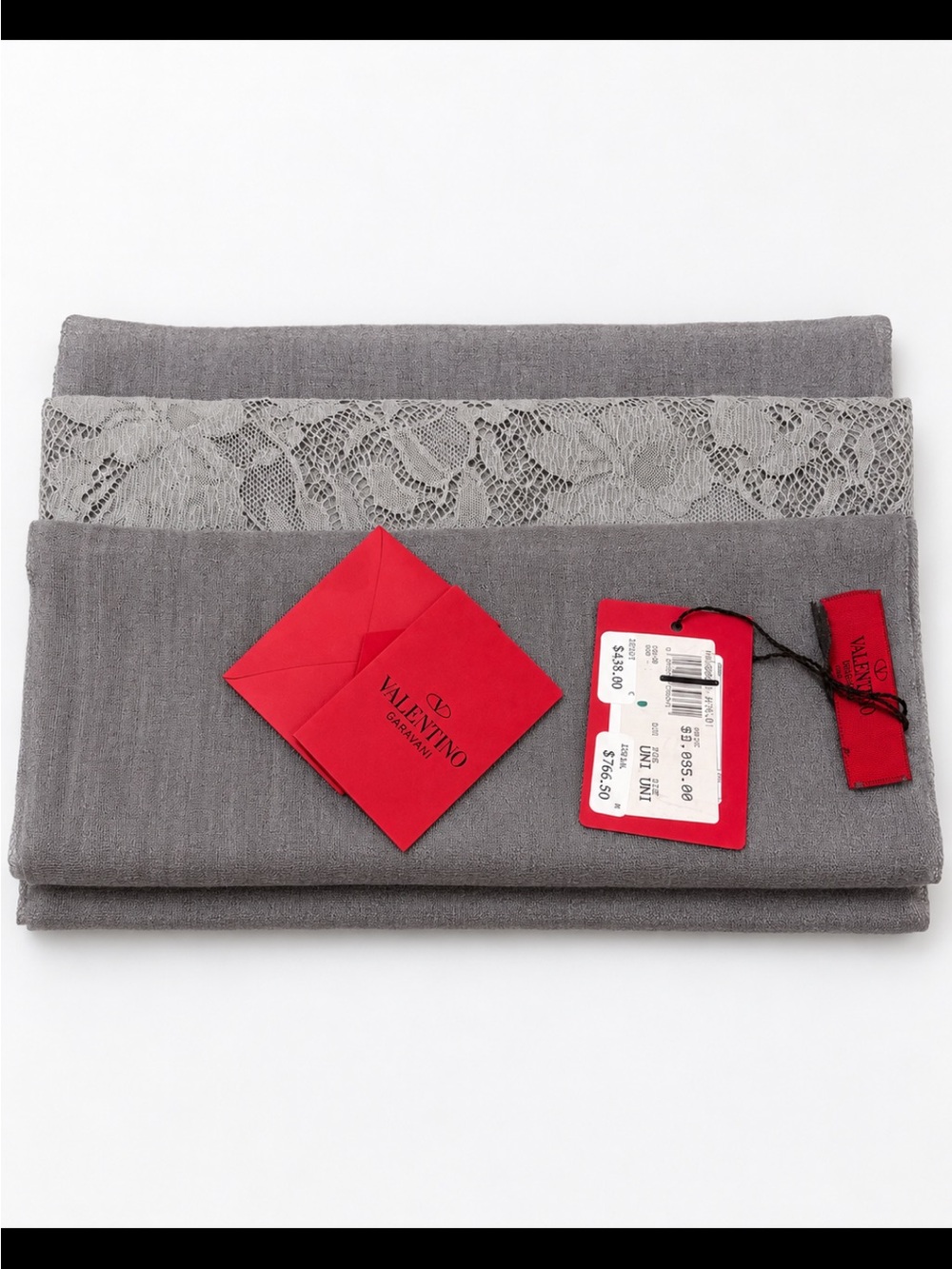 Authentic Valentino Garavani Gray Lace Trim Scarf Shawl Wrap w/ Tags
